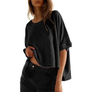 🆕 Women Black Dolman Sleeve Tops Loose Oversized Crewneck Flowy T Shirts Basic